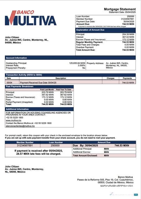Download Mexico Banco Multiva mortgage statement Word and PDF template Photoshop template
